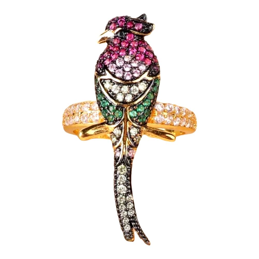 Gold Multi-Color Round Cubic Zirconia Micro-Pavé Set Perched Parrot Ring